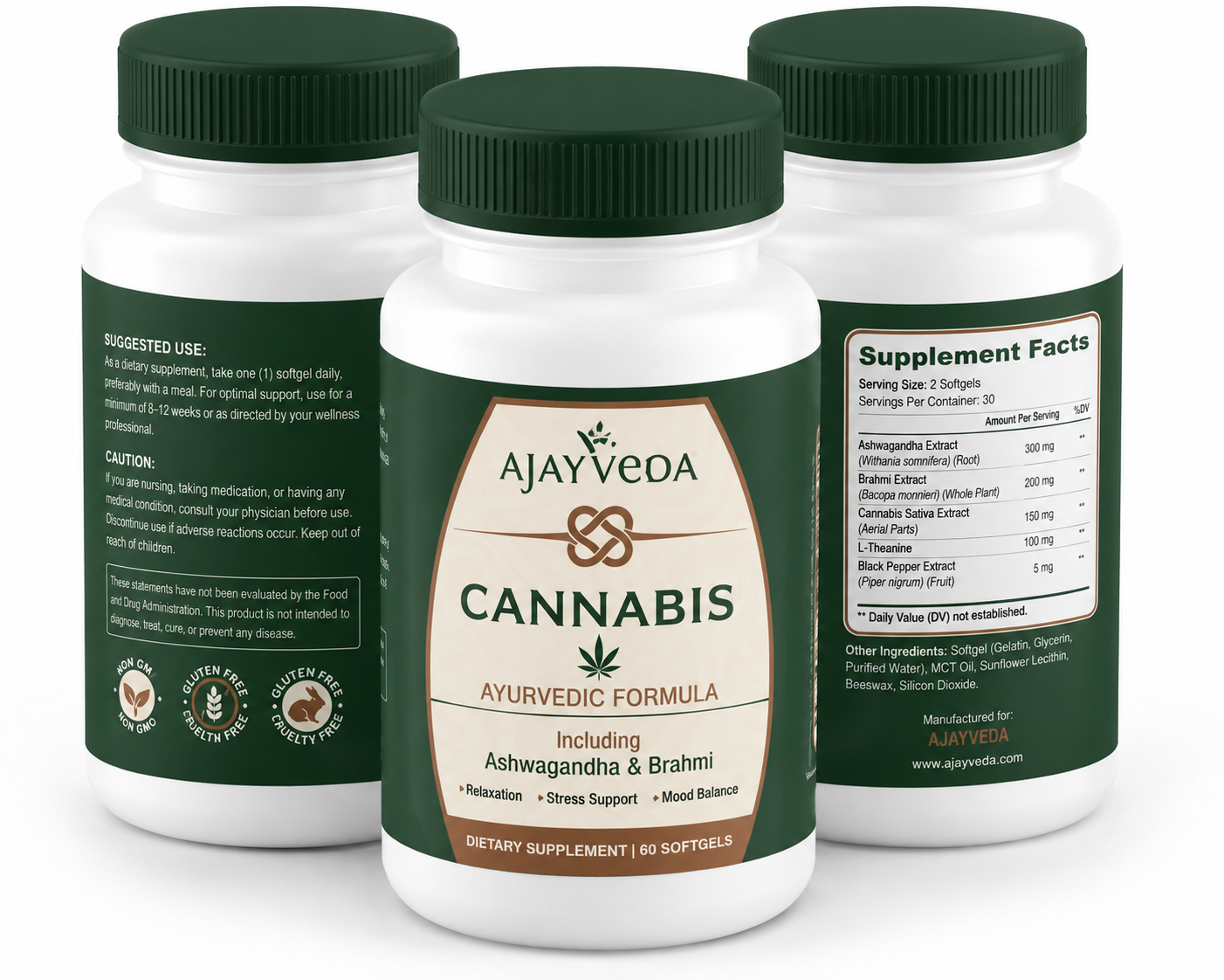 AjayVeda Cannabis Ayurvedic Formula – Herbal Stress Support Supplement with Ashwagandha & Brahmi | 60 Softgels