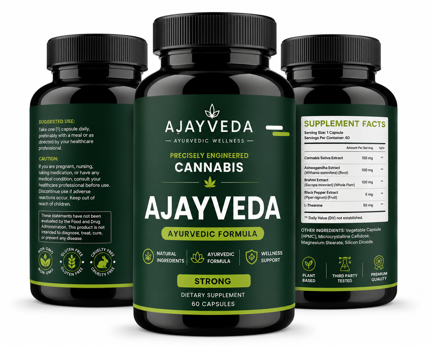 AjayVeda Cannabis Ayurvedic Formula Strong – Premium Herbal Wellness Capsules with Ashwagandha & Brahmi | 60 Capsules