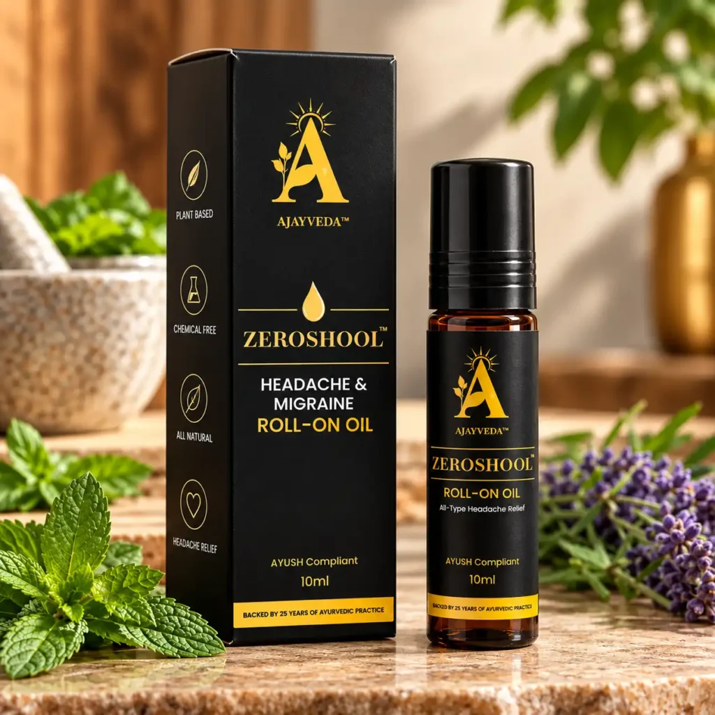 Zeroshool Ayurvedic headache oil box packaging by Ajayveda