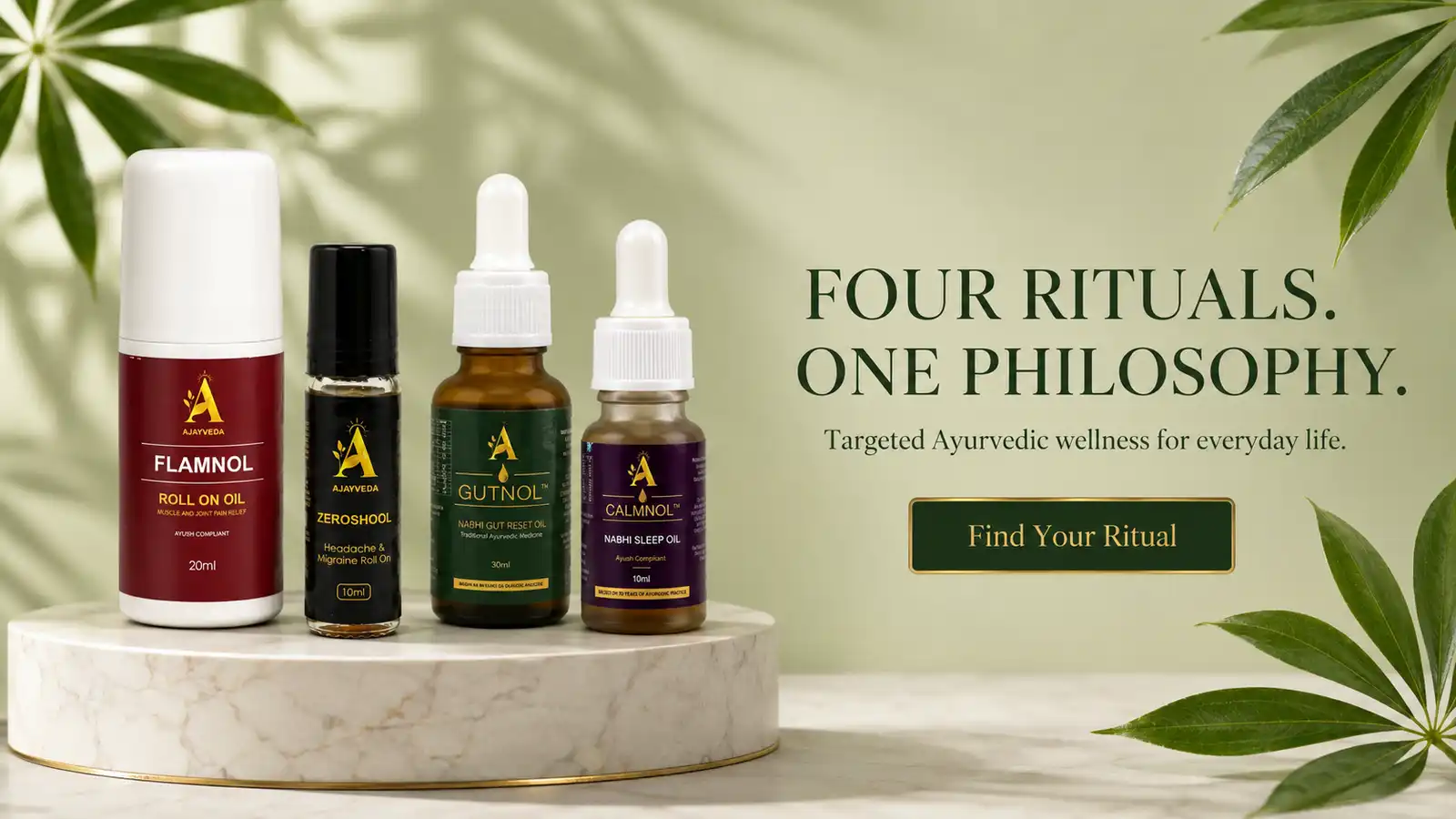 Ajayveda ayurvedic wellness products — Calmnol, Flamnol, Gutnol, Zeroshool oils on marble stand